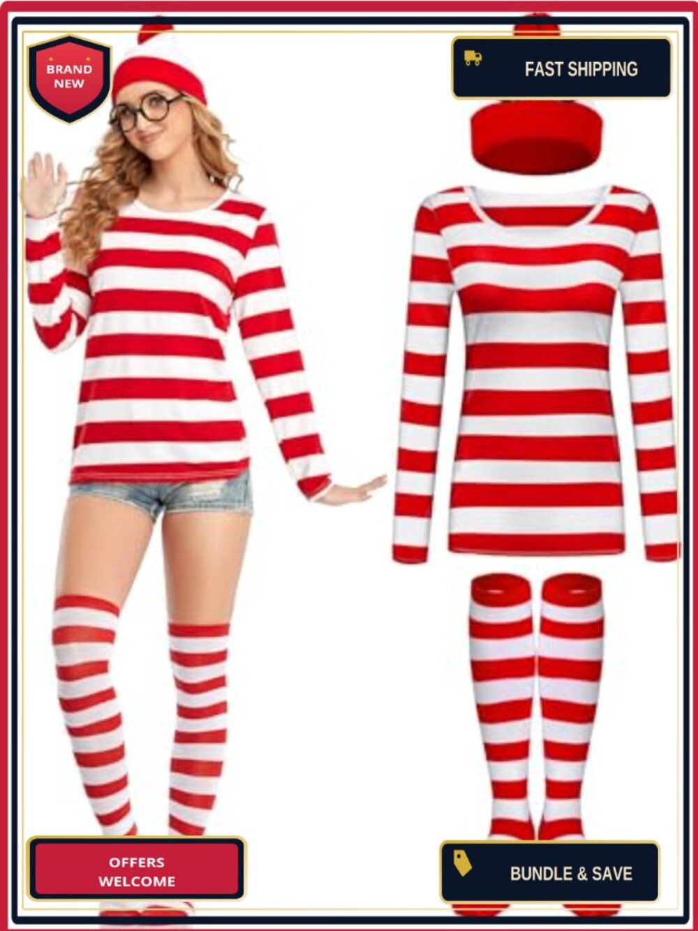 Halloween Costume Set Striped Long Sleeve Tee Beanie Socks Glasses Cosplay Party